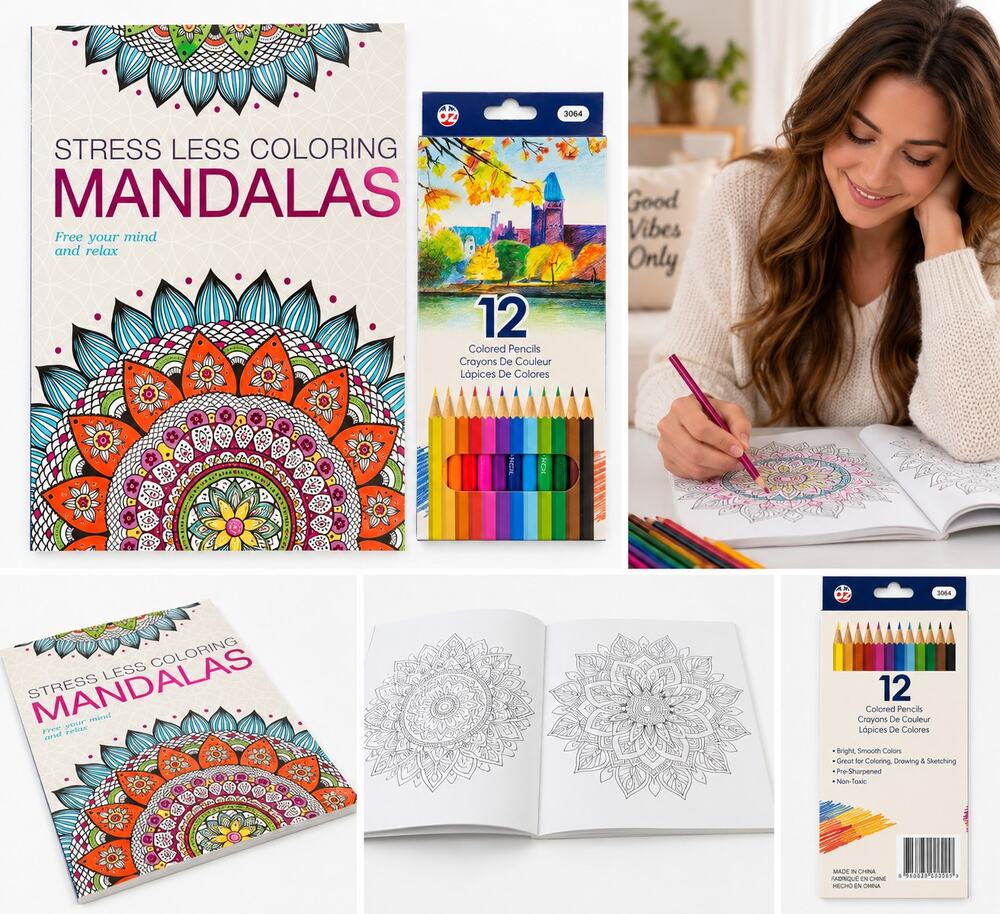 Stress Less Coloring Mandalas Book with 12 Colored Pencils
